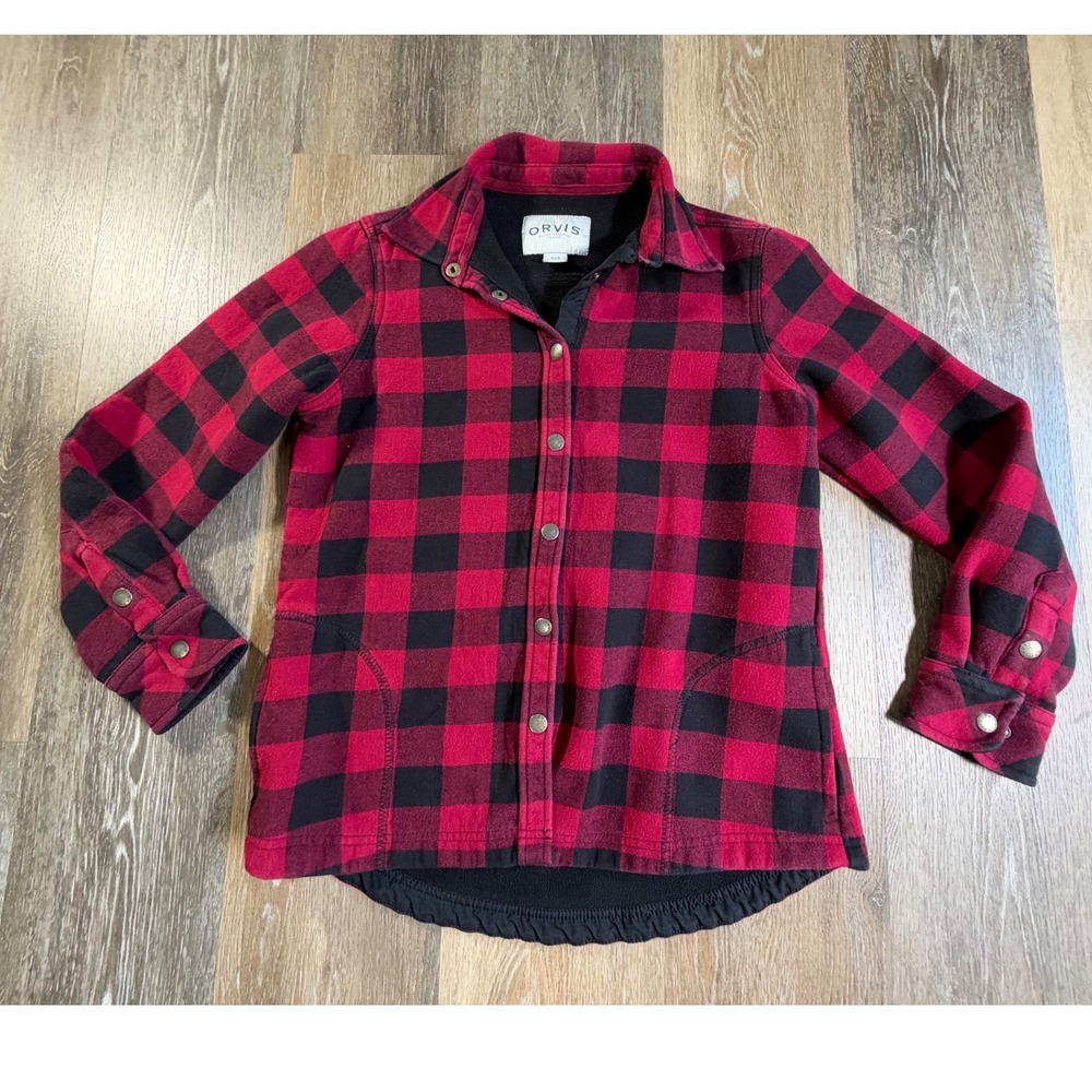 Orvis Shirt Jacket Womens Small Red Buffalo Plaid Fleece Lined Snap Front